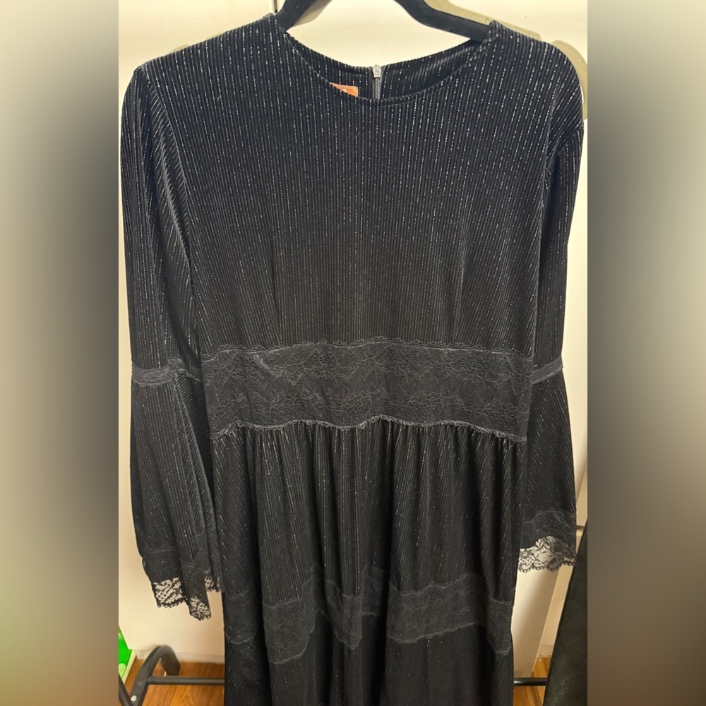 Long Sleeve Black Lace-Trim Evening long Dress fits Xl & XXL Good for Maternity - Picture 2 of 9